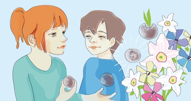 Die Illustration zeigt einen Jungen und ein Mädchen, das eine Samenbombe in der Hand hält und wie aus dieser Kugel schöne Blumen entstehen.