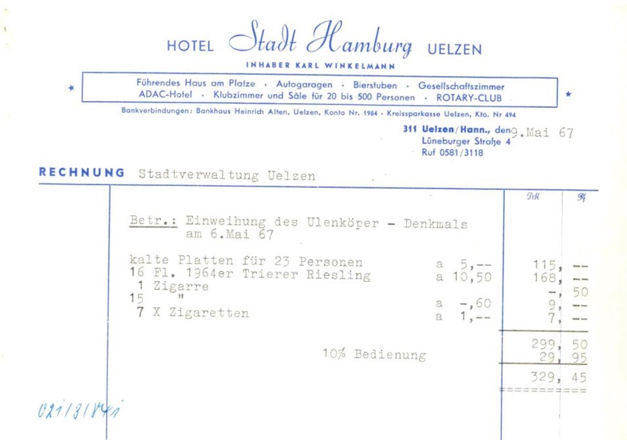 Rechnung über die Einweihung des Uhlenköperdenkmals im Jahr 1967