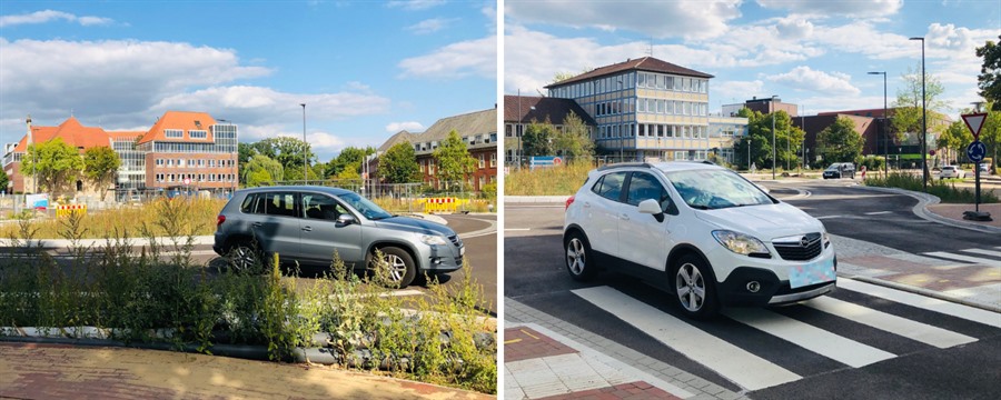 Bildmontage mit 2 Fotos, die jeweils ein fahrendes Auto im neuen Kreisel aus verschiedenen Richtungen zeigen.