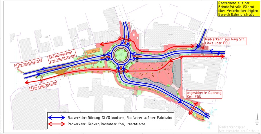 Der Plan markiert mit blauen und roten Pfeilen die Verkehrsführung für Radler im neuen Kreisverkehr und in den angrenzenden Straßen.