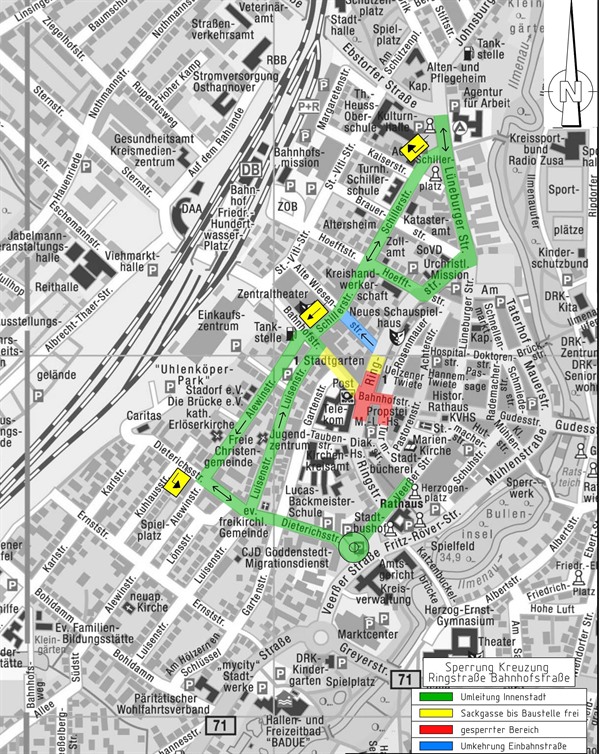 Straßenplan von der Uelzener Innenstadt mit Sperrbereich und Umleitungsempfehlungen 